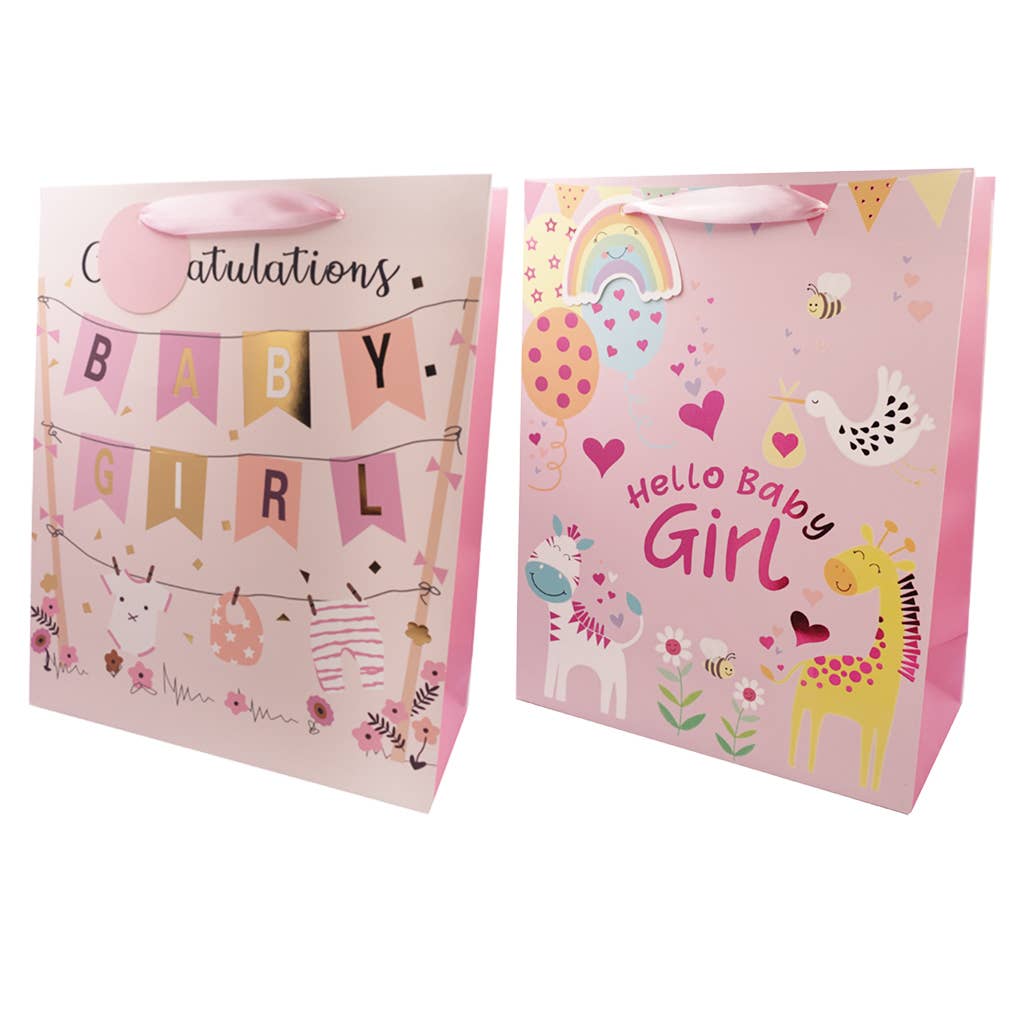 Baby Girl Gift Bags – Foil Front, Ribbon Handles