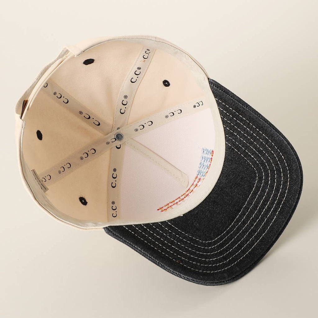 Floral American Flag Embroidered Two-Tone Denim Trucker Hat
