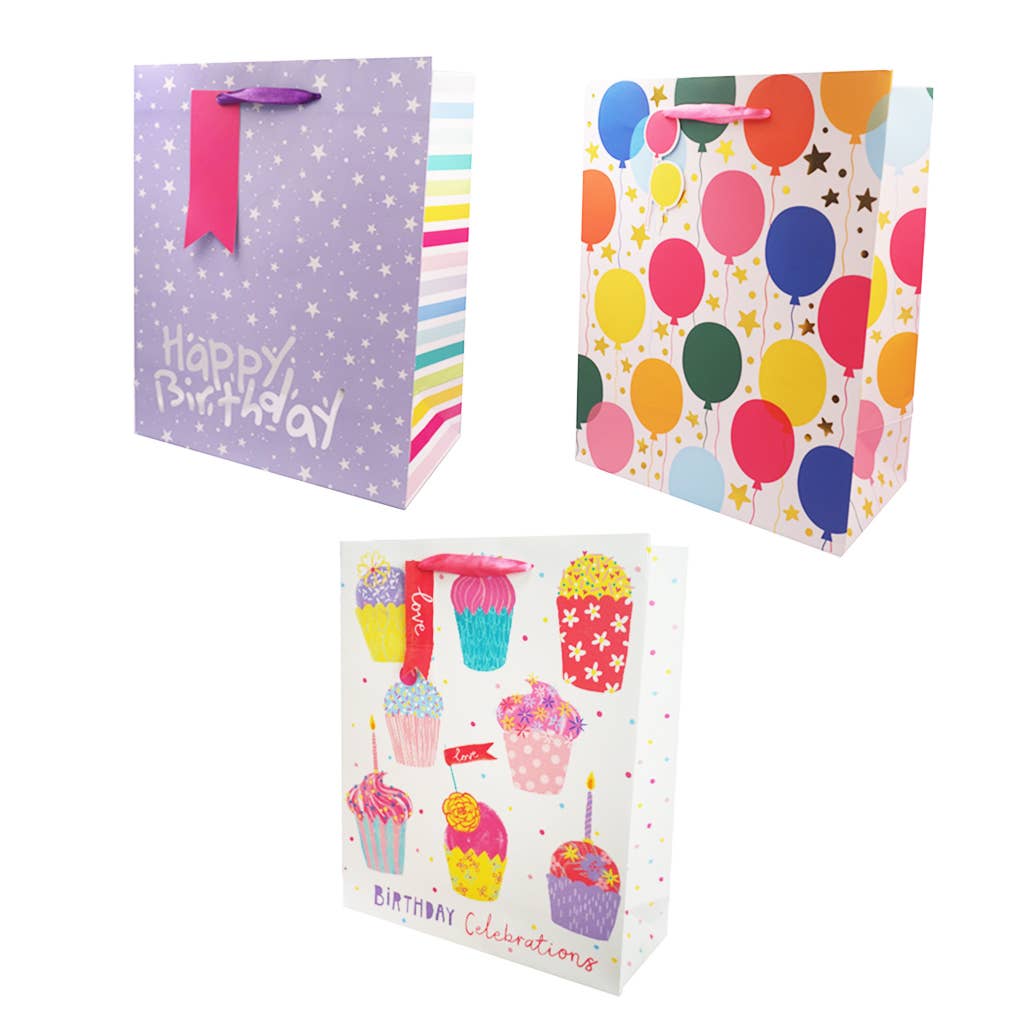 Happy Birthday Gift Bags – Foil Accents, 3 Assorted Designs