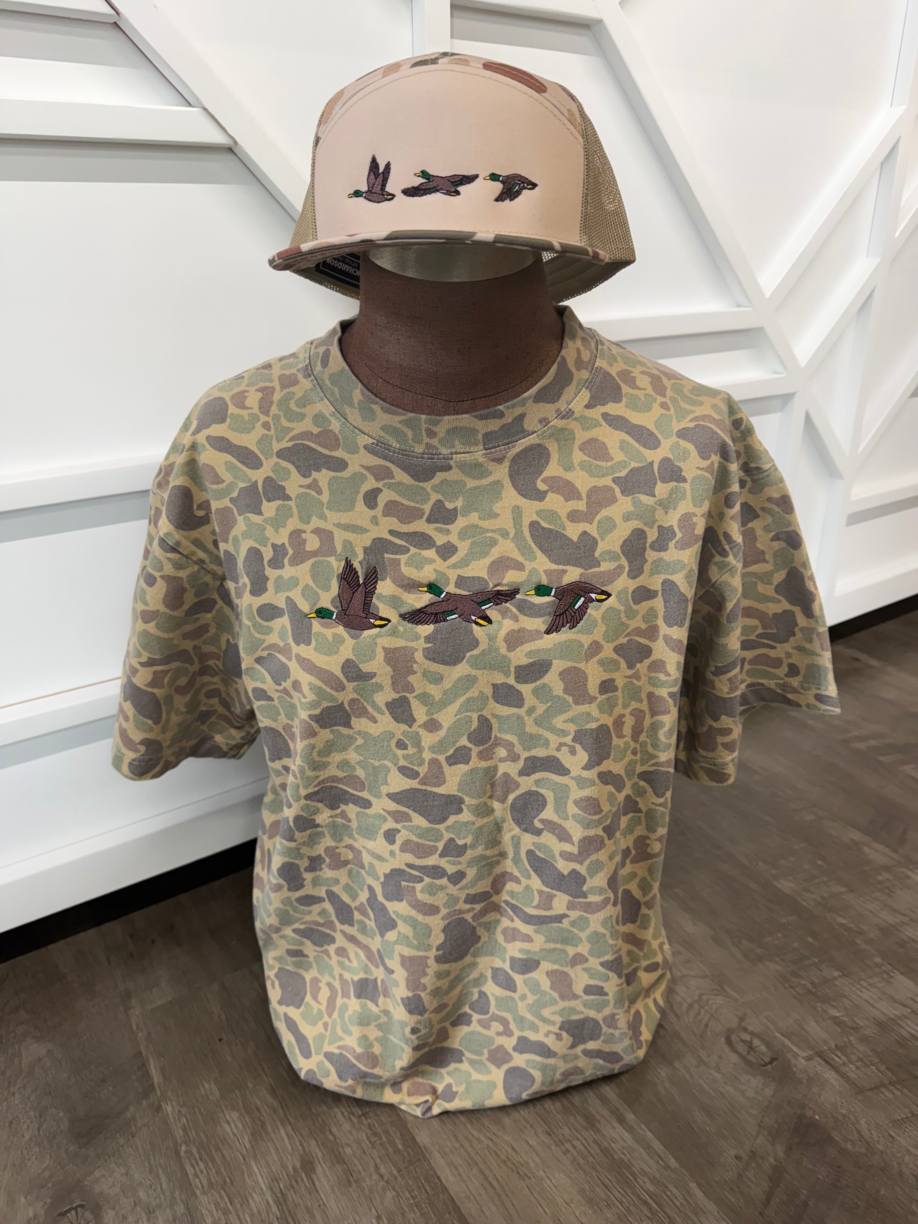 Flying Mallard Embroidered Camo (tee or hat)
