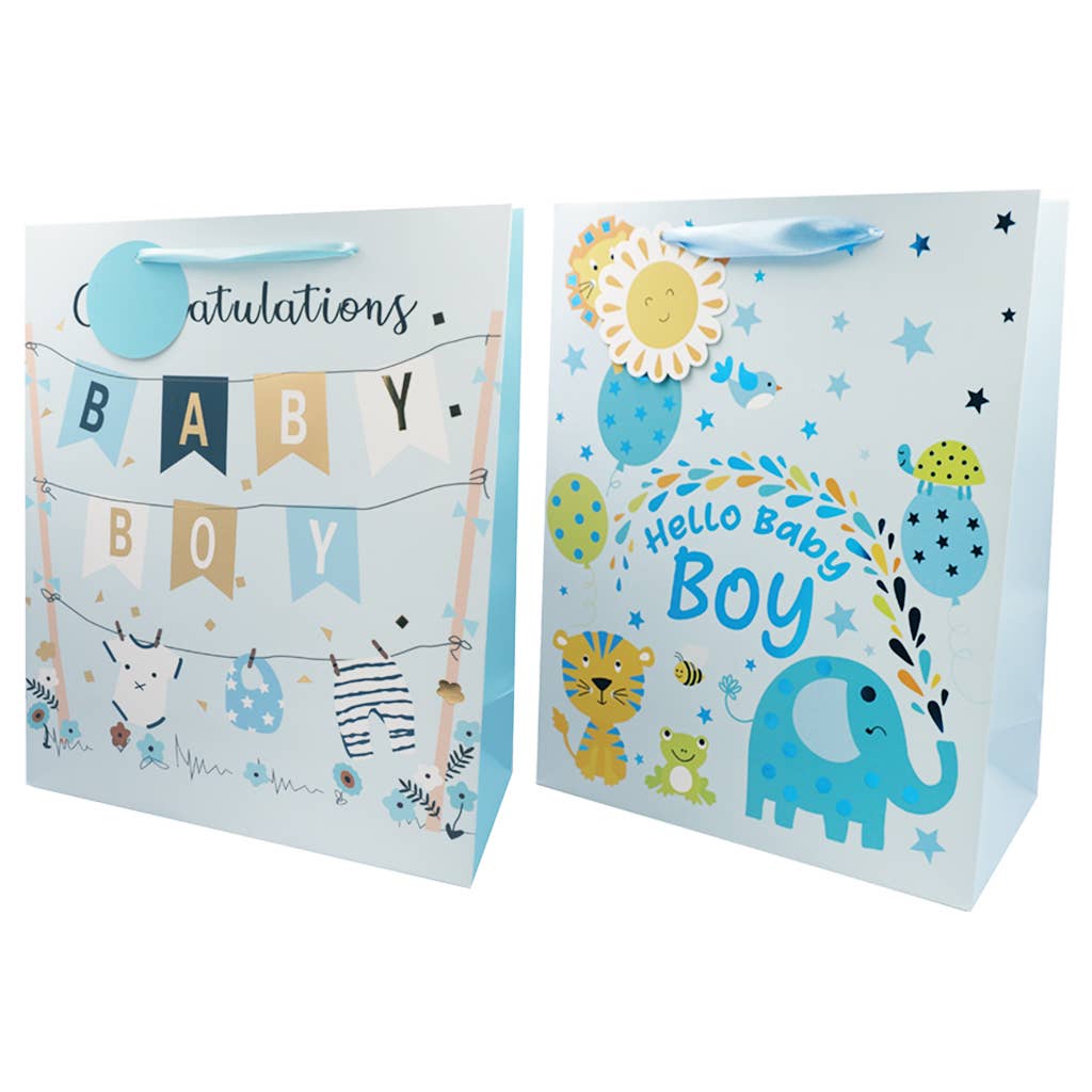 Baby Boy Gift Bags – Foil Front, Ribbon Handles