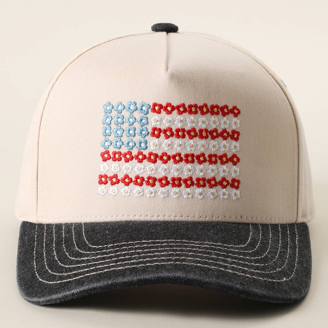 Floral American Flag Embroidered Two-Tone Denim Trucker Hat