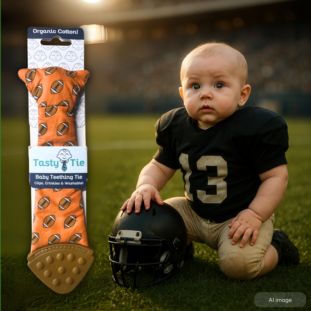 Tasty Tie Teether, Crinkle Toy, Baby Boy Gift (Football)