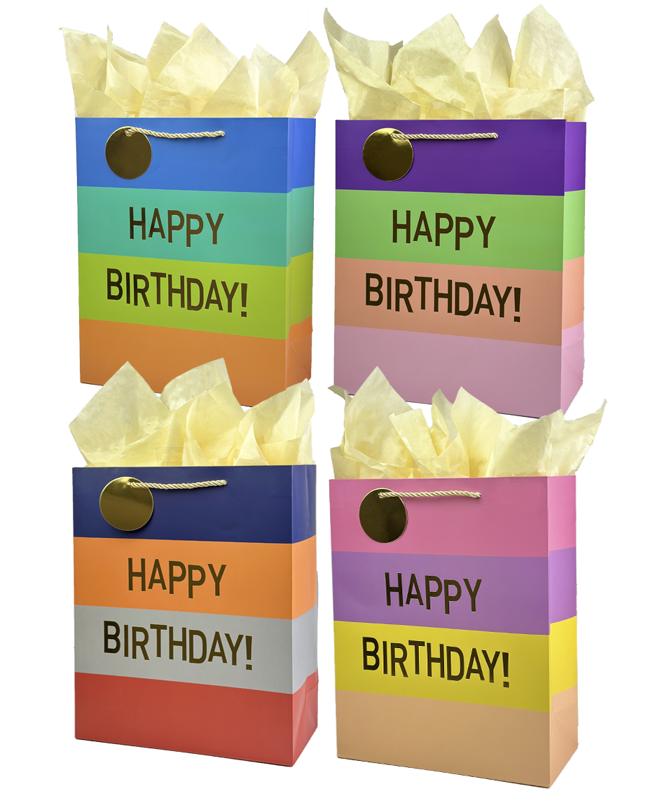 Happy Birthday Gift Bag - three color stripes