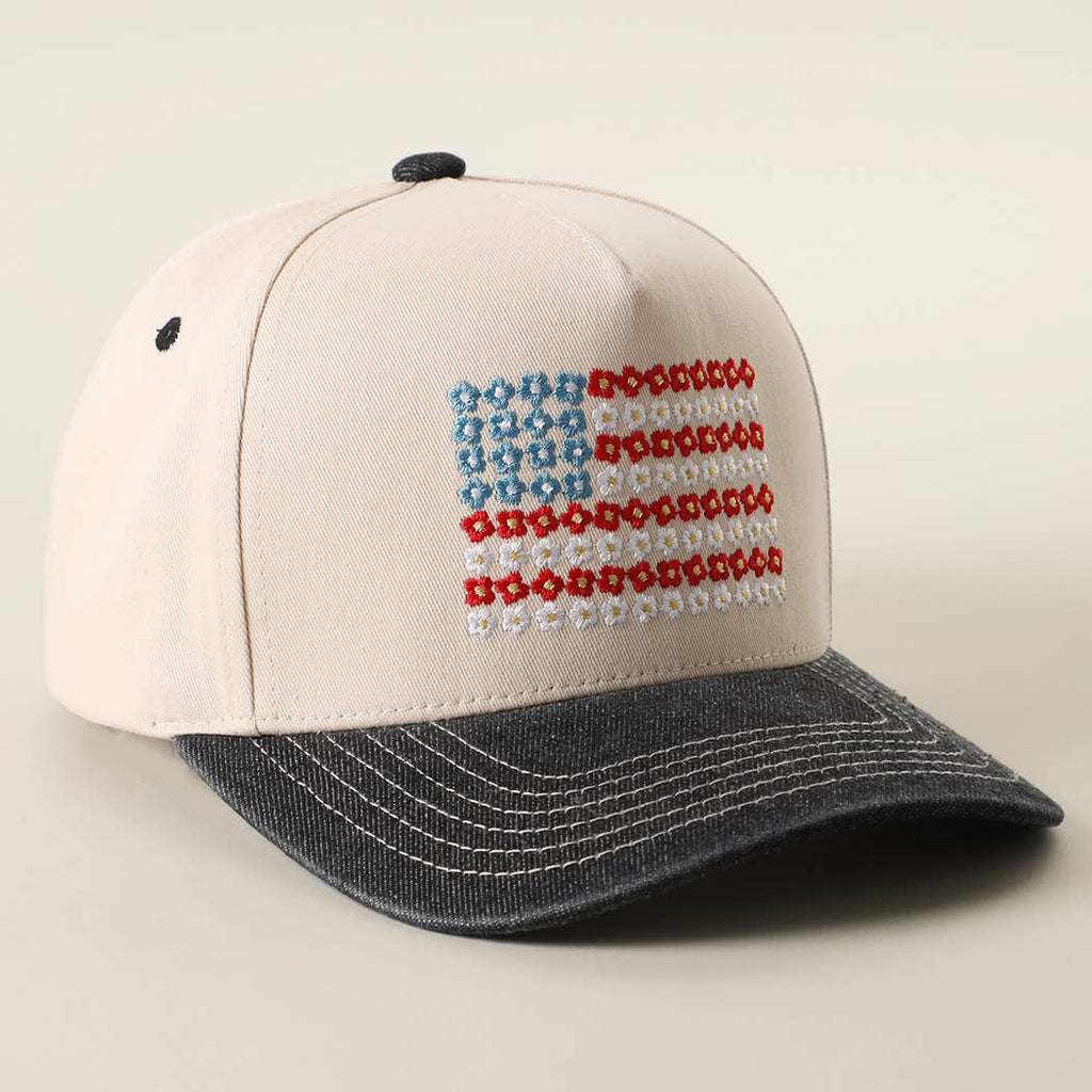 Floral American Flag Embroidered Two-Tone Denim Trucker Hat