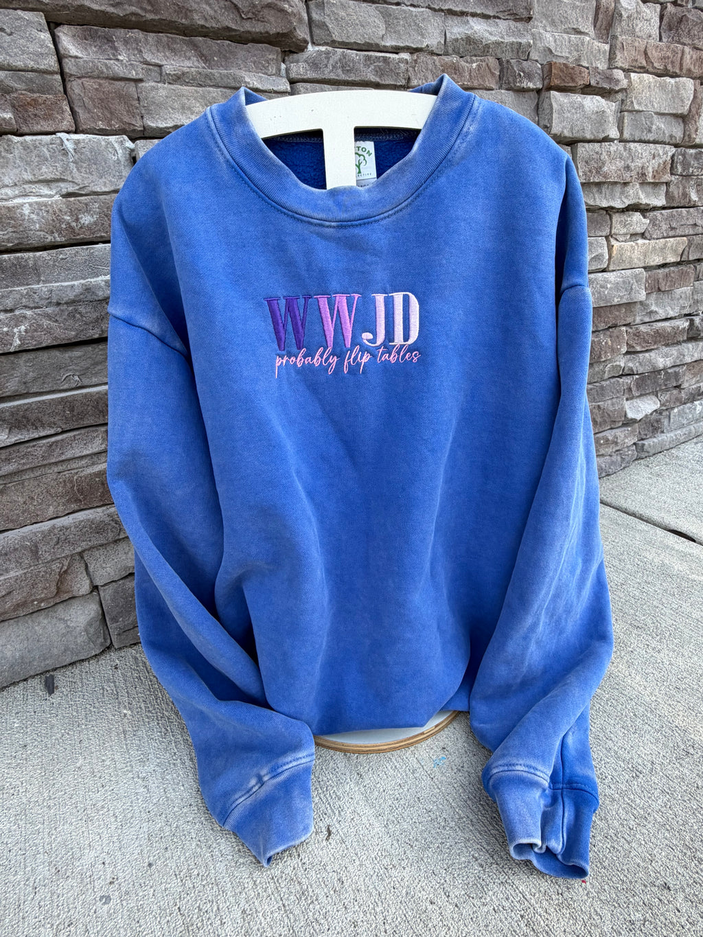 WWJD- probably flip tables Embroidered Crewneck