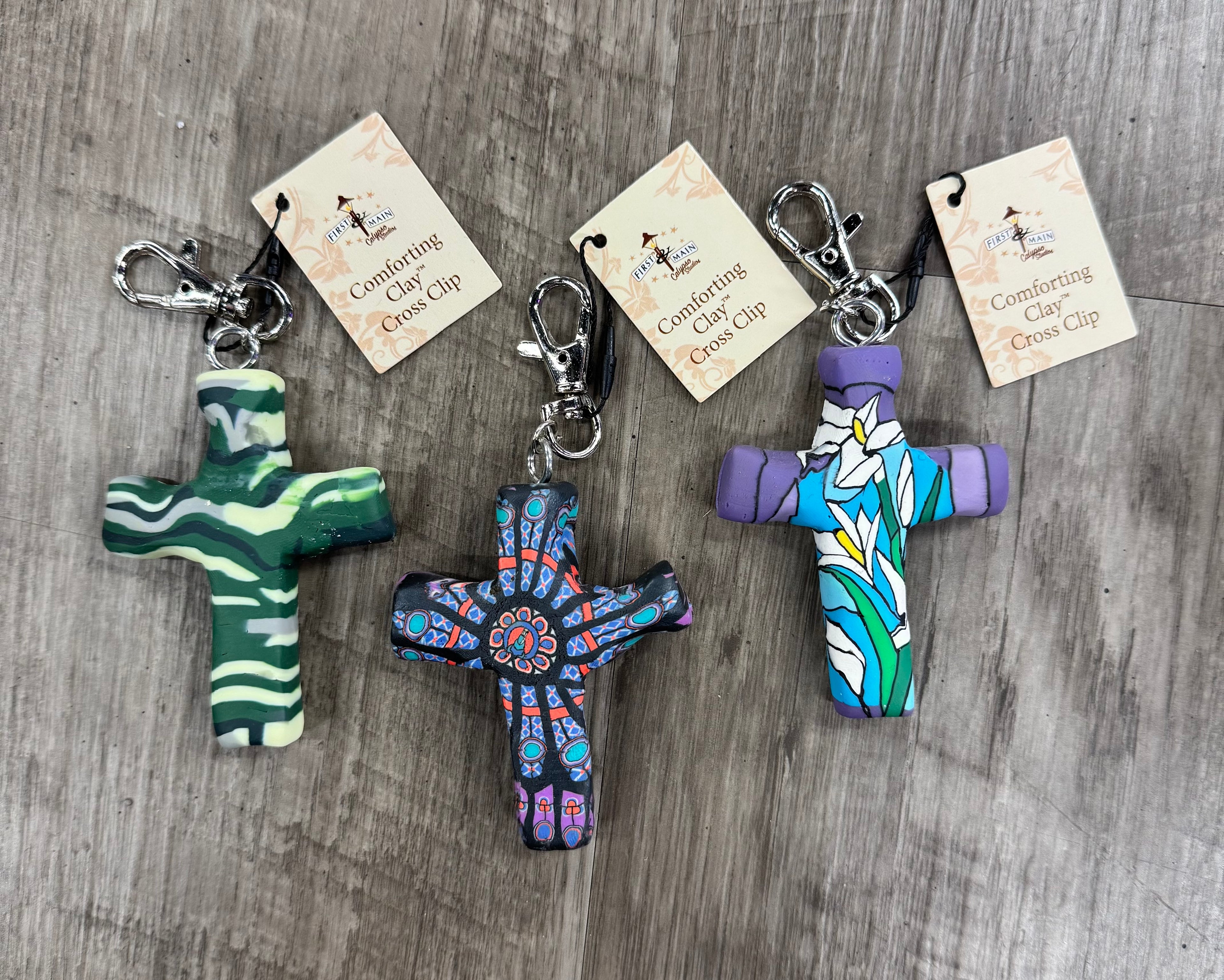 HAND PAINTED CLAY CROSS KEYCHAIN