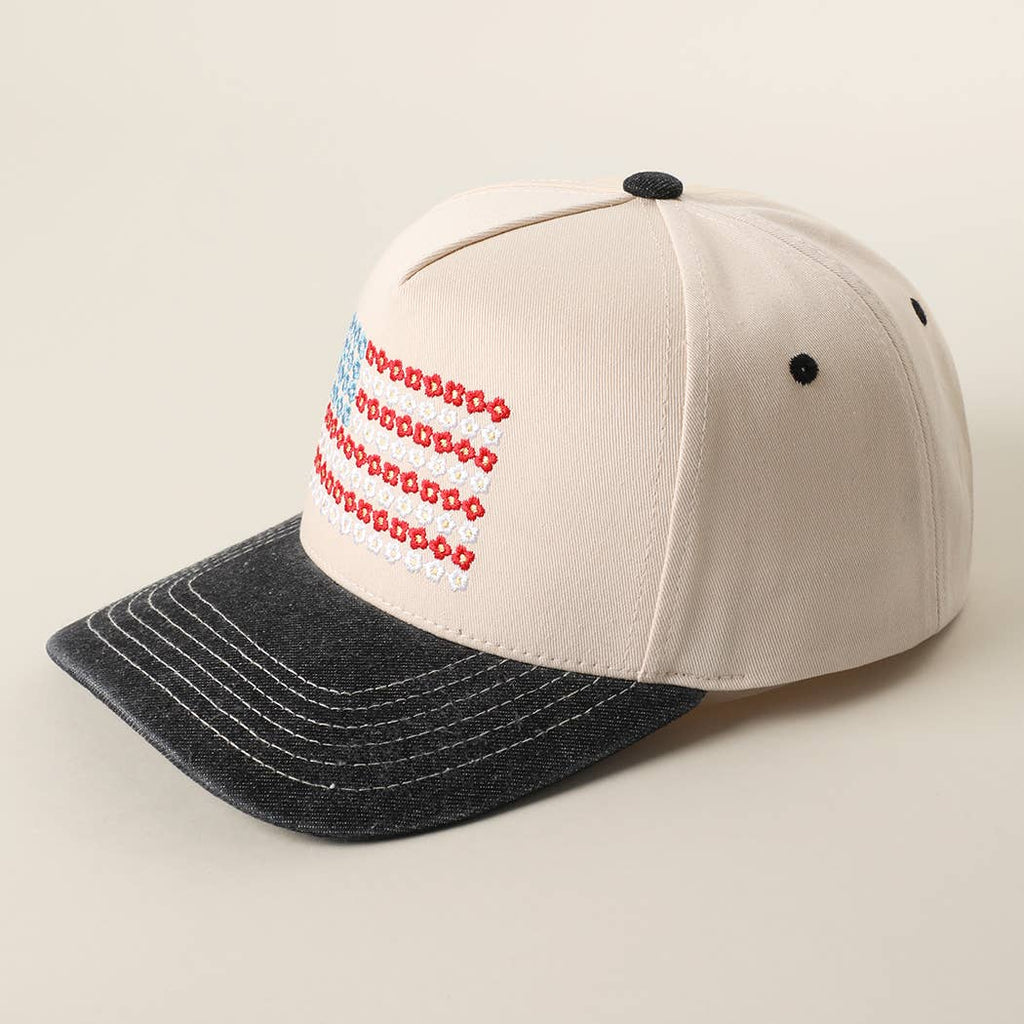 Floral American Flag Embroidered Two-Tone Denim Trucker Hat