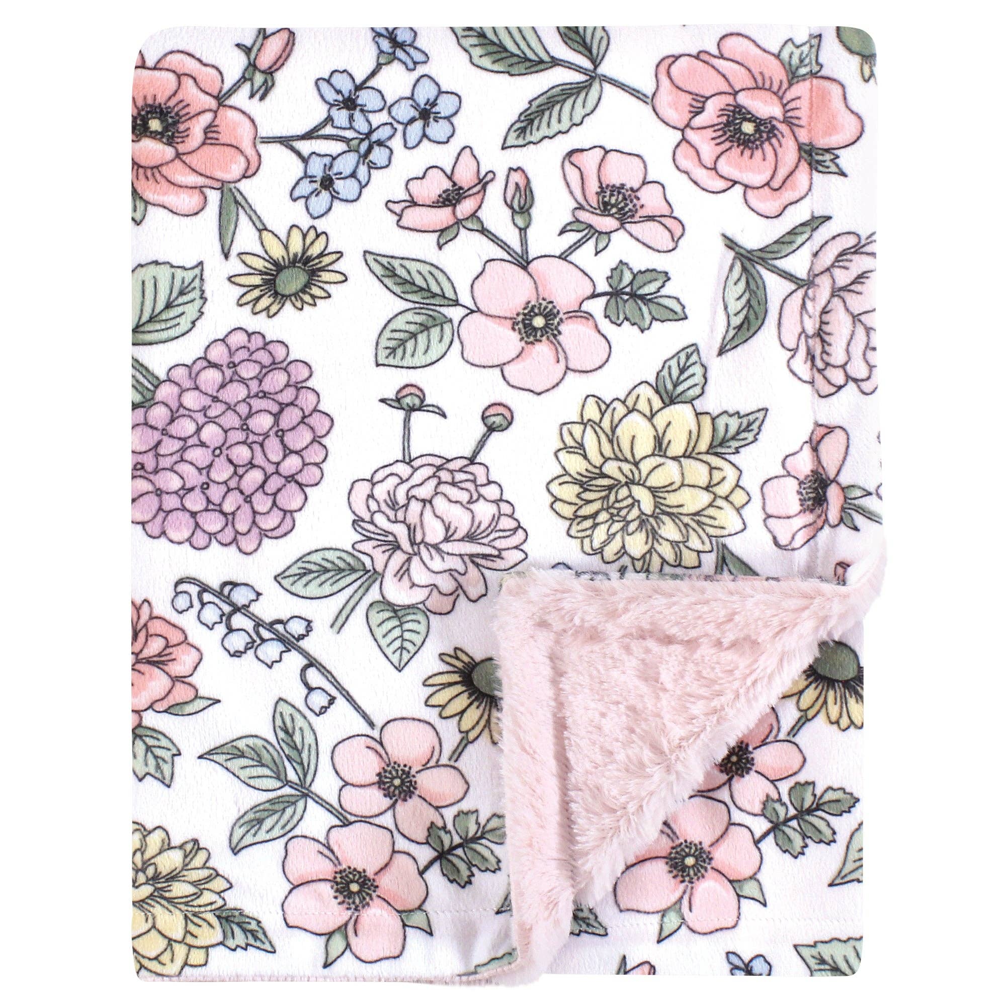 Pink Floral Hudson Baby Plush Vintage Blossom Blanket with Furry Binding
