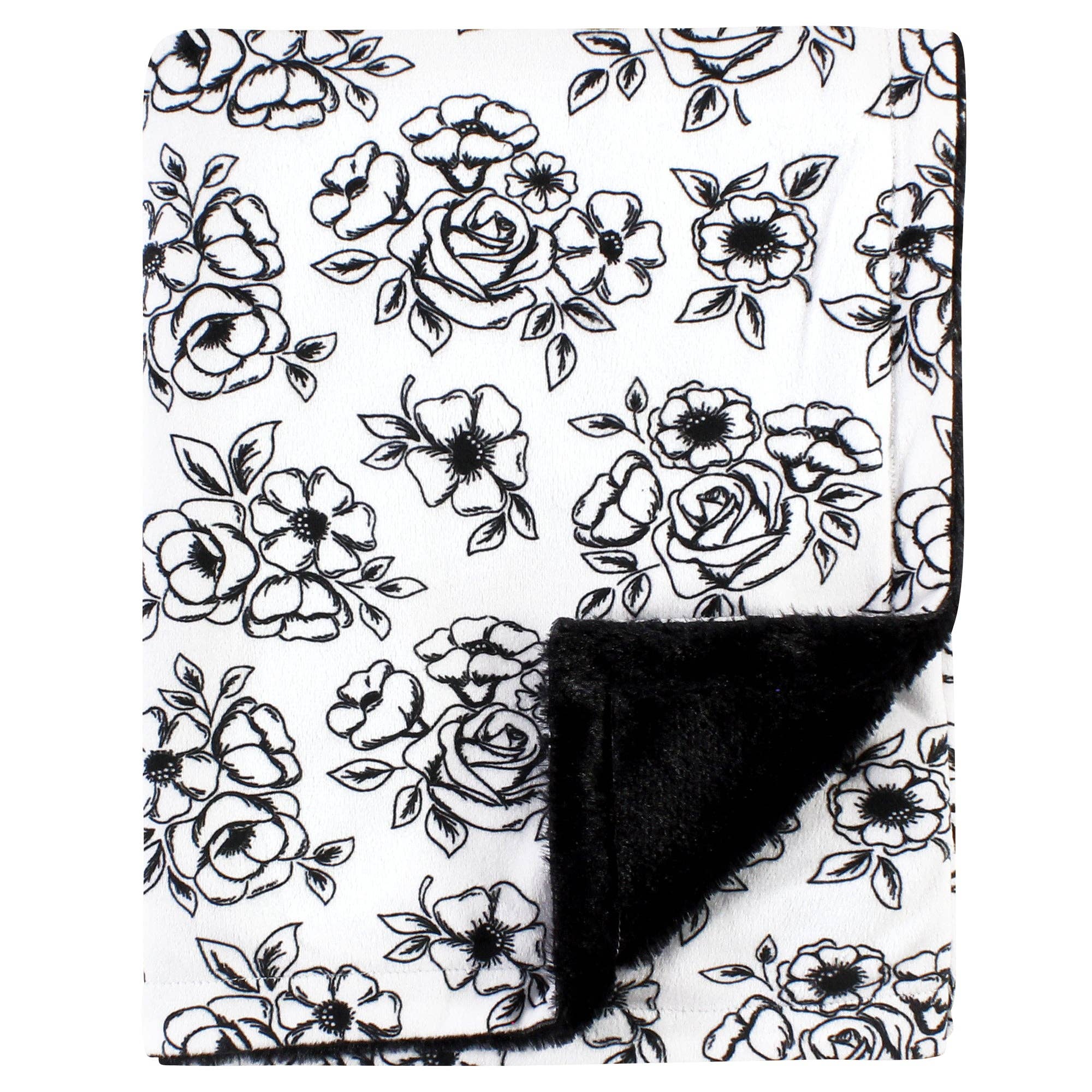 Black Floral Hudson Baby Plush Blanket with Furry Binding